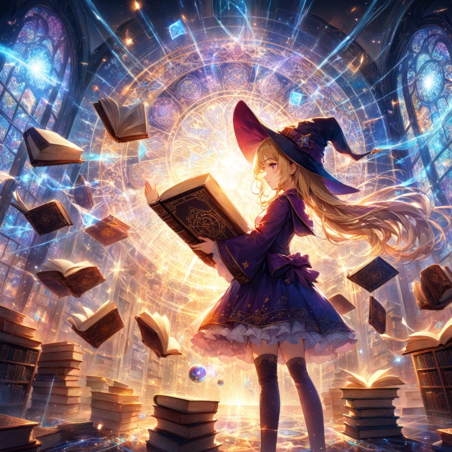 masterpiece, best quality, high resolution, extremely detailed CG, absurdres, 1girl, solo, In a magical space, behind the vertical inlaid glass windows is the huge and ancient Tree of Wisdom, multiple bookcases are floating in the air, a blonde twinailed girl wearing a witch hat stands in the middle of the room in a purple costume, she opening her hands, in front of her is a heavy book, the pages of which are turning and glowing with light, and glowing magical words are flying out of it, and the books are floating around her in an orderly manner. The pages are turning and glowing, glowing magical words are flying out of the book, and many books are floating around her in an orderly fashion, (((best hands))), score_9, score_8_up, score_7_up, source_anime
