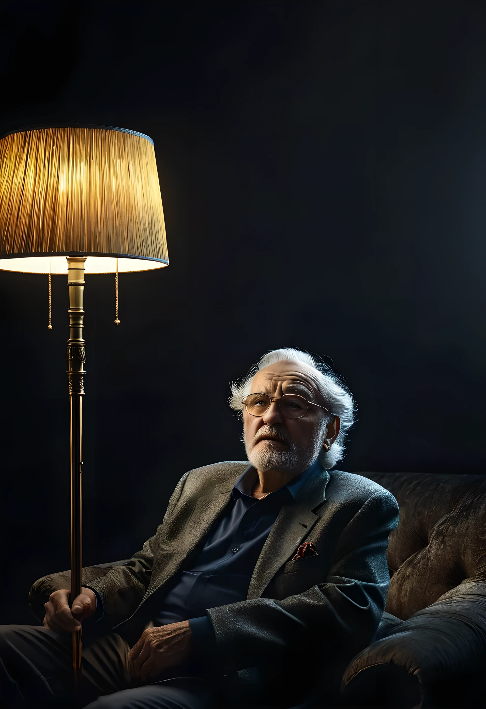 highfashion, old man sitting on sofa in dark study, light from floor lamp illuminating his hair and shoulders, black background, mikhail kats, photorealistic, (best quality,4k,8k,highres,masterpiece:1.2),ultra-detailed,(realistic,photorealistic,photo-realistic:1.37),HDR,UHD,studio lighting,ultra-fine painting,sharp focus,physically-based rendering,extreme detail description,professional,vivid colors,bokeh
