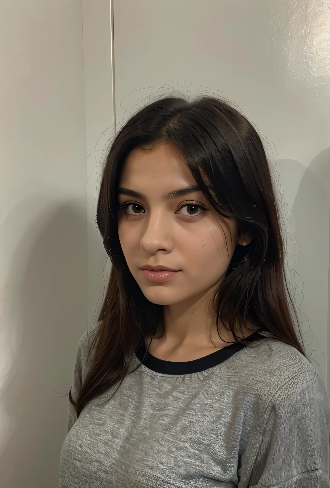 A passport photo of an arabic female with green eyes and short black hair wearing purple
