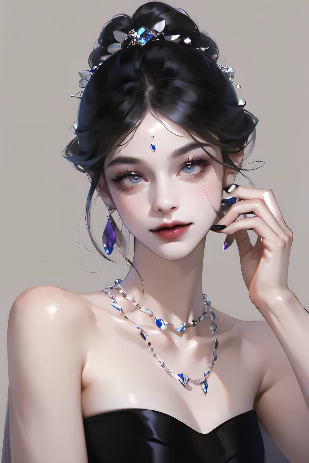 Pilion, Solitary, 1 Girl, Jewelry,looking at the audience, Necklace, necklace, punching, White background, Heart, Shut up, Gray eyes, Nail polish, Simple background, Black hair, ear punching, black Necklace, Smile, eyelash, Lips,  Bangs, bead, gem, earrings, 
