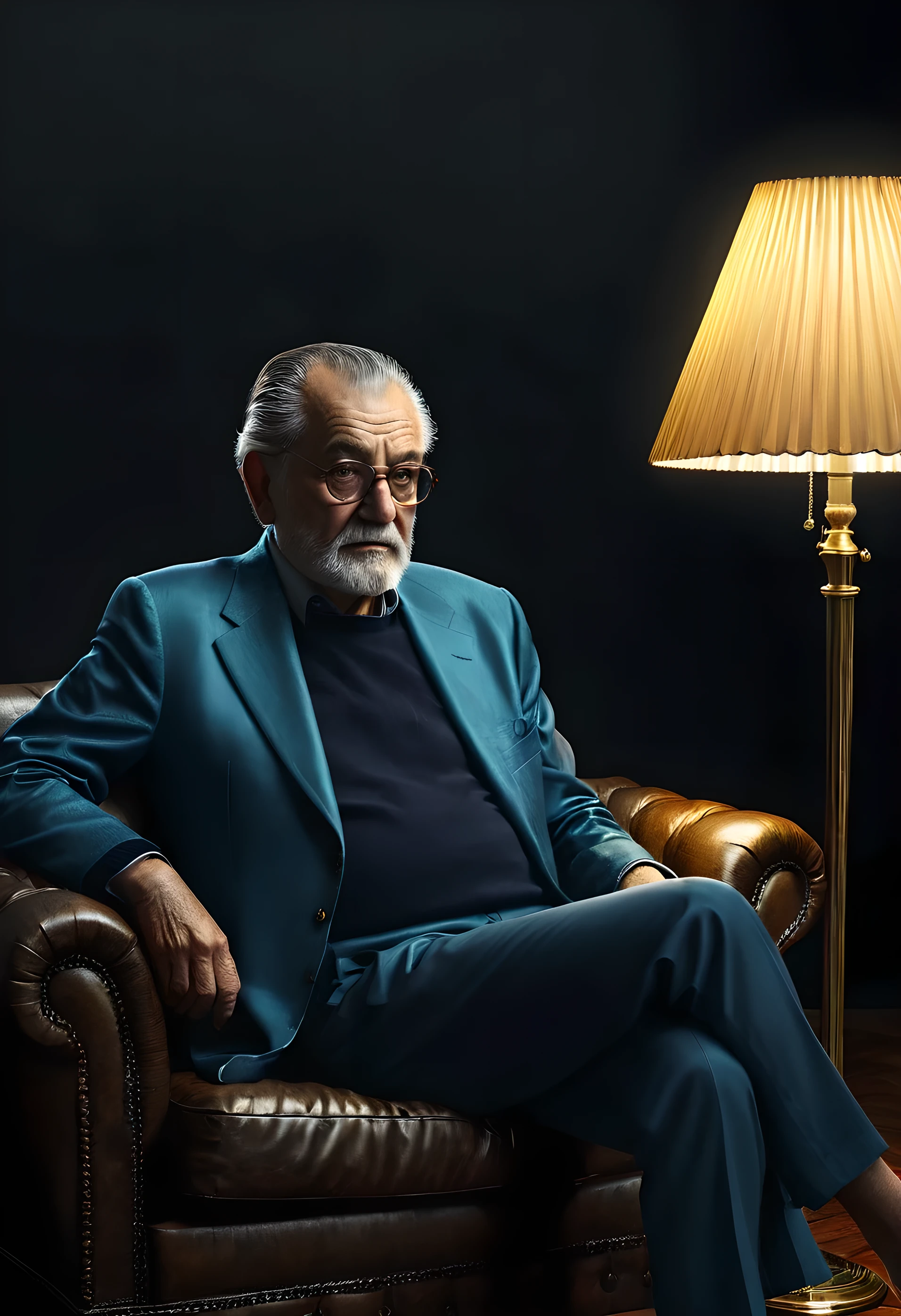 highfashion, old man sitting on sofa in dark study, light from floor lamp illuminating his hair and shoulders, black background, mikhail kats, photorealistic, (best quality,4k,8k,highres,masterpiece:1.2),ultra-detailed,(realistic,photorealistic,photo-realistic:1.37),HDR,UHD,studio lighting,ultra-fine painting,sharp focus,physically-based rendering,extreme detail description,professional,vivid colors,bokeh