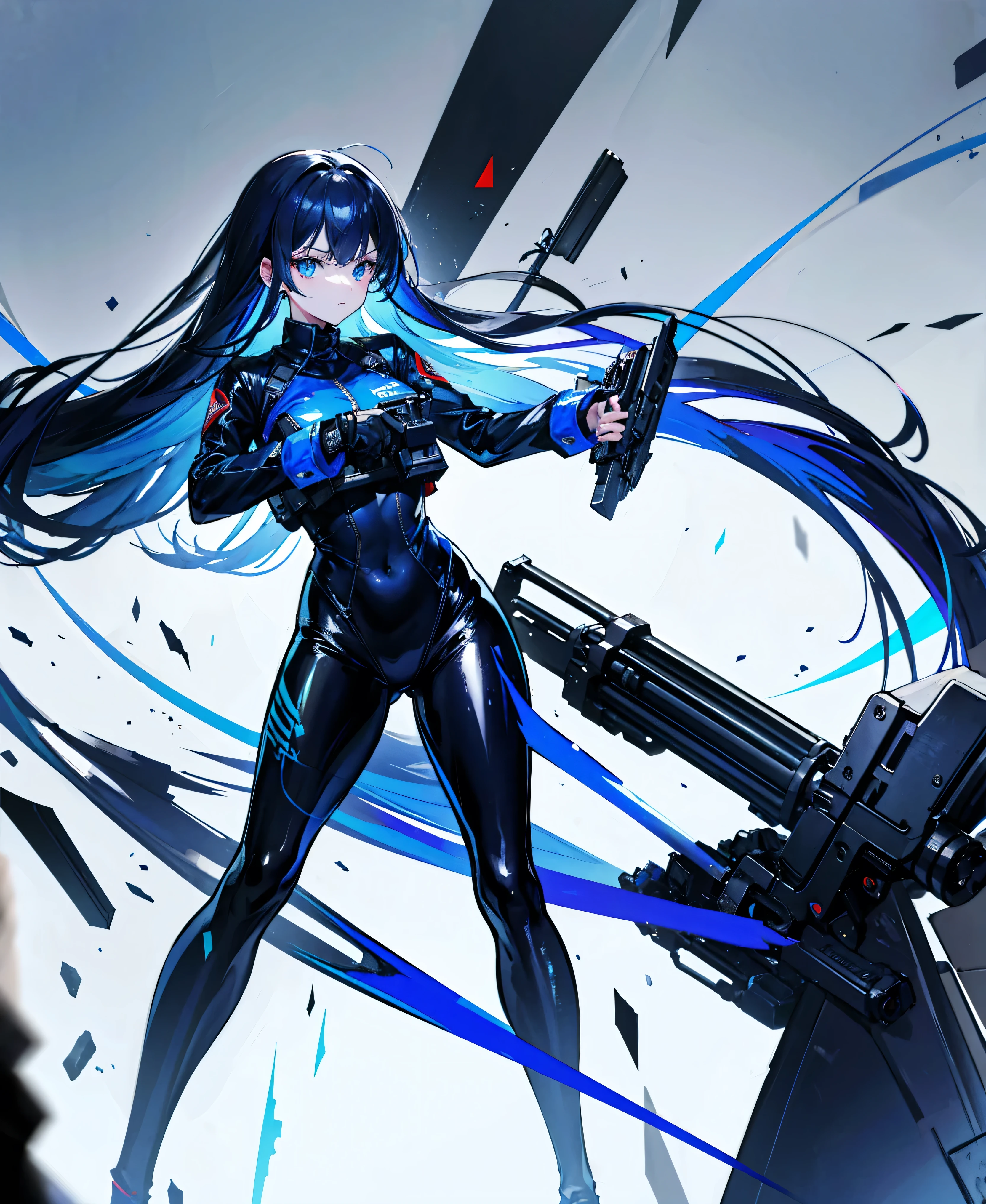 There is no background,girl,Carry a firearm,Patent leather tight suit,Use of firearms,Navy blue long hair,attention arousal,Blue colored eyes,No gradients