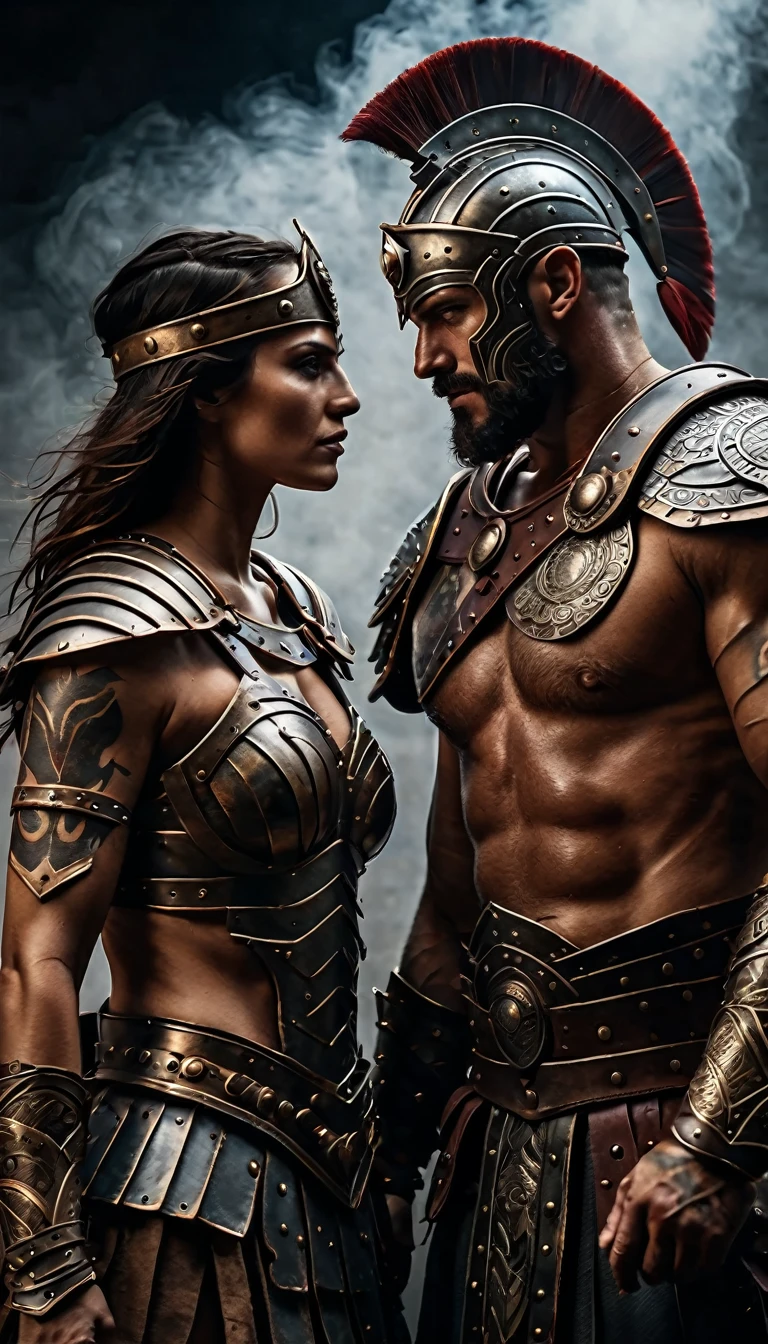 a realistic photo of an ancient gladiator couple, fantasy, dramatic lighting, detailed armor, intricate tattoos, intense expressions, chiaroscuro, cinematic composition, dramatic fog, moody colors, volumetric lighting, (best quality,8k,highres,masterpiece:1.2),ultra-detailed,(realistic,photorealistic,photo-realistic:1.37)