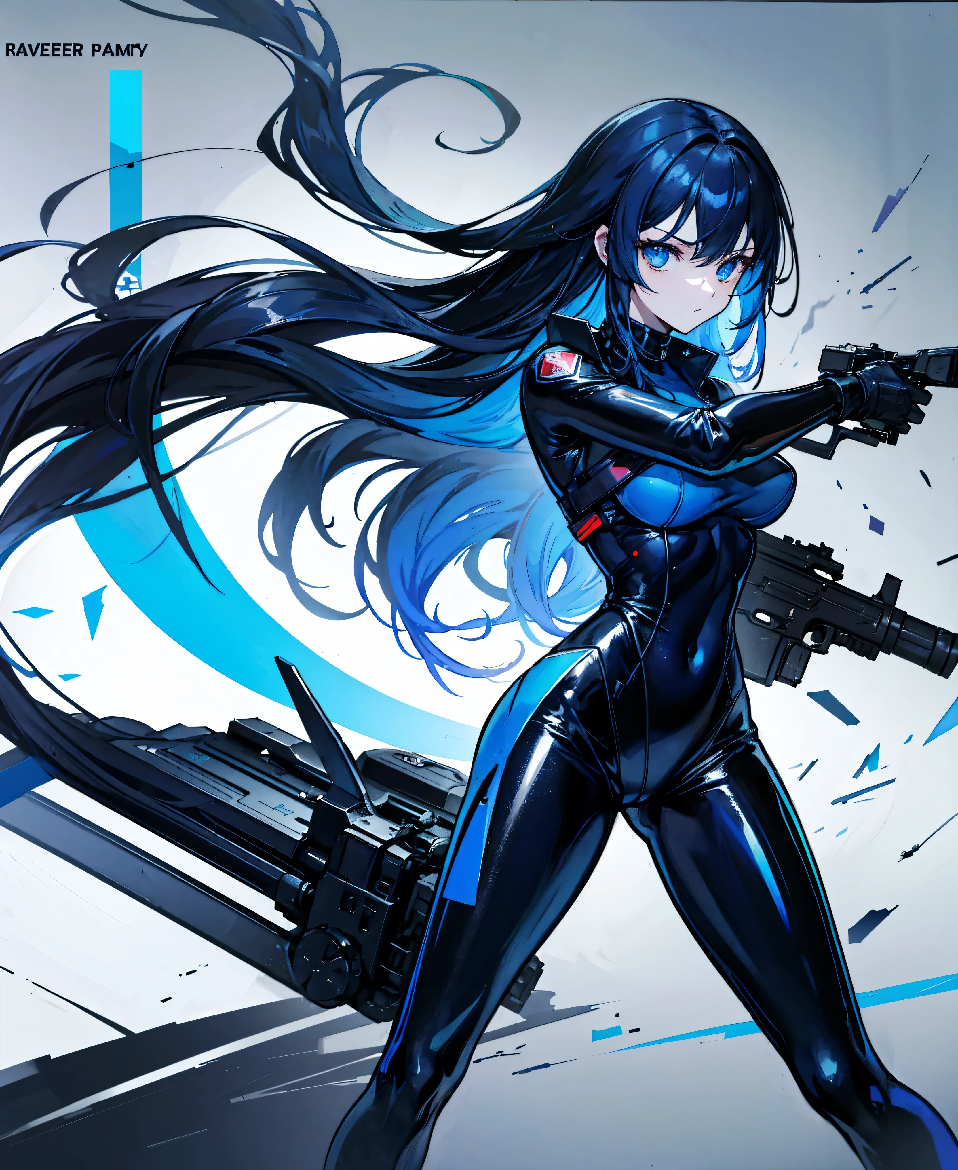There is no background，girl，Carry a firearm，Patent leather tight suit，Use of firearms，Navy blue long hair，attention arousal，Blue colored eyes,No gradients