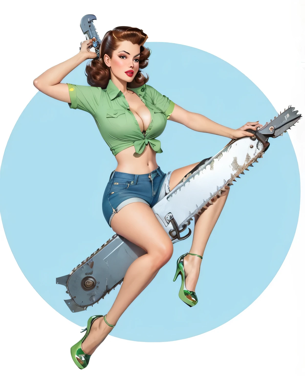 Close-up of a woman wearing a green shirt and blue shorts, holding a chainsaw in her hands, pin up, pin up, pin up, girl pin up, pin up poster girl, pin up girl, pin up girl, pin up, pin up art, pin up pose, pin up girl, pin up style poster, style by Gil Elvgren, pin up style, vintage pin up