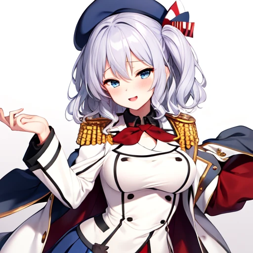 (masterpiece, best quality:1.2),giggle,A hand touched his chest,illustration,8K,HD,1 girl,solitary,portrait,blush,white hair,blue eyes,curls,Double tail,Berets,Epaulettes,Ruffled sleeves,Jacket,Large Breasts,Long sleeve,,mini skirt,Pleated Skirt,Red tie,White gloves,anchor,Solid color background