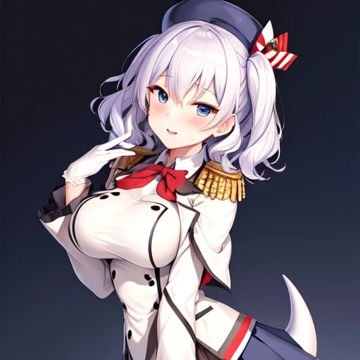 (masterpiece, best quality:1.2),giggle,A hand touched his chest,illustration,8K,HD,1 girl,solitary,portrait,blush,white hair,blue eyes,curls,Double tail,Berets,Epaulettes,Ruffled sleeves,Jacket,Large Breasts,Long sleeve,,mini skirt,Pleated Skirt,Red tie,White gloves,anchor,Solid color background