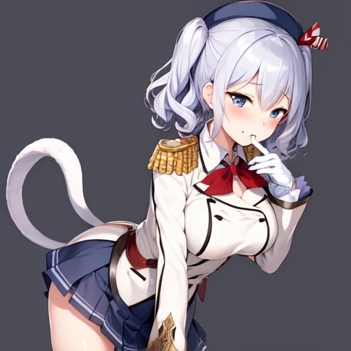 (masterpiece, best quality:1.2),Smirk,One hand touched his chest,illustration,8k,HD,1 Girl,Solitary,portrait,blush,Gray hair,blue eyes,curls,Double tail,Crane plum,Berets,Epaulettes,Ruffled sleeves,jacket,Large Breasts,Long sleeve,,mini skirt,Pleated Skirt,Red tie,White gloves,anchor,