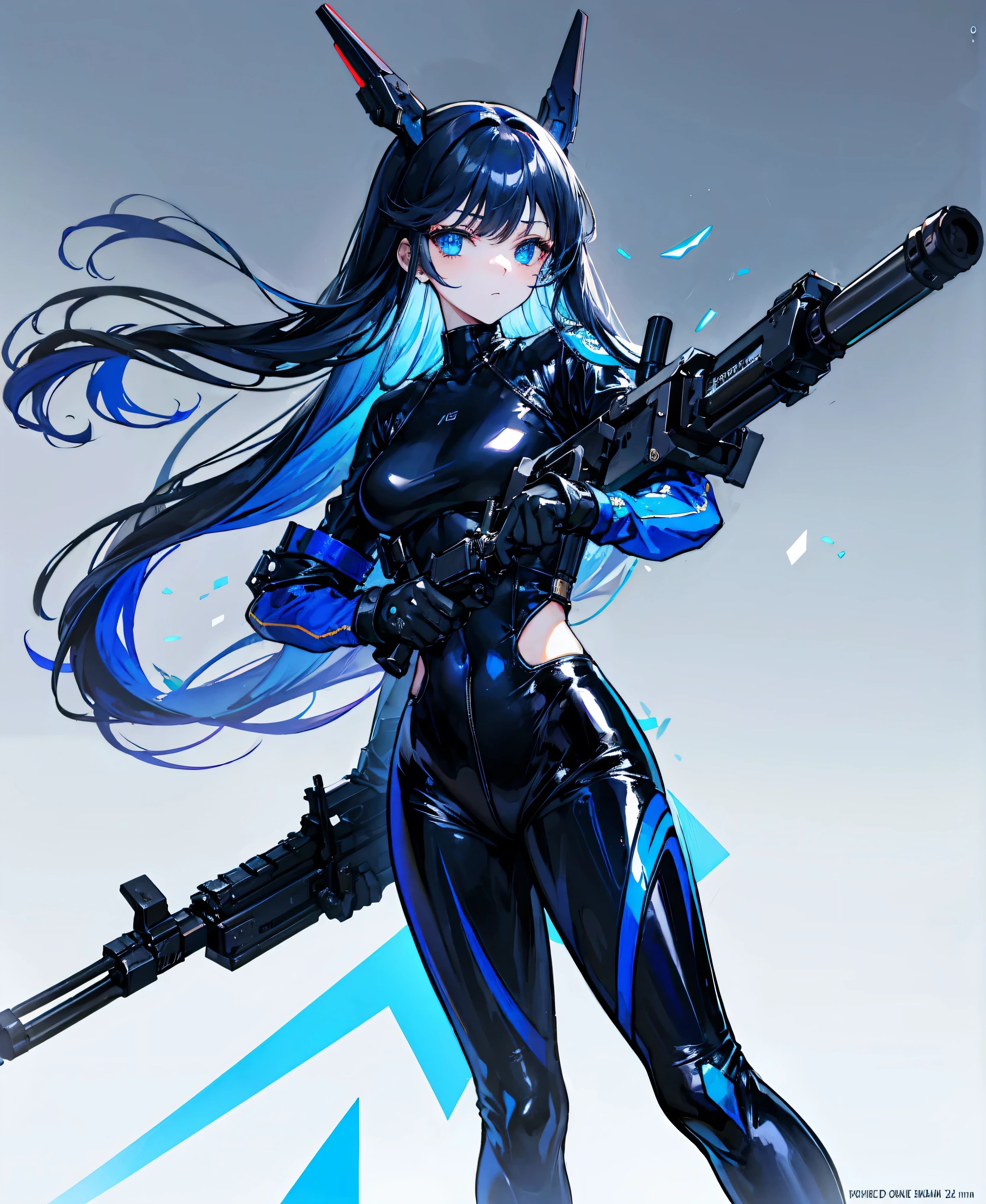 There is no background,girl,Carry a firearm,Patent leather tight suit,Use of firearms,Navy blue long hair,attention arousal,Blue colored eyes,No gradients