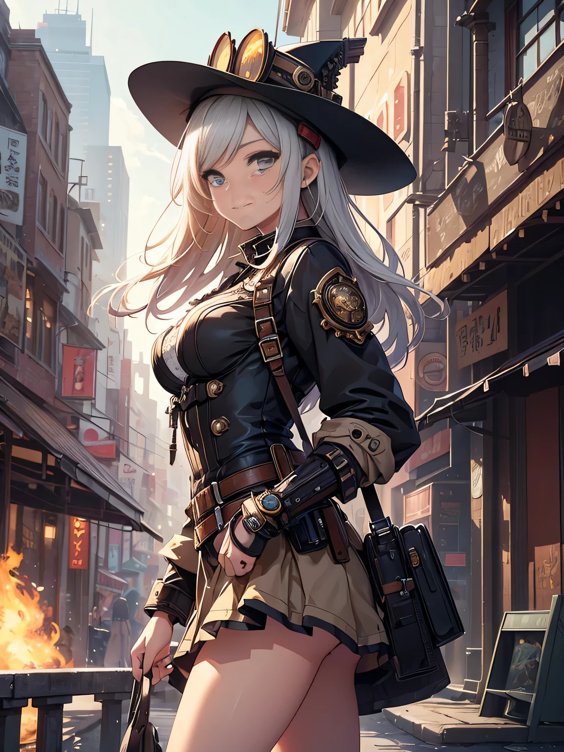 (Line art_anime),(Cowboy Shot,Low Angle, highest quality, ),(Laura Budd Photos:1.2),(Laura Add details:1.0),8k, Flat Color:0.8,1 girl,smile,(Highly decorative and complex mechanical steampunk fashion, Lace flare dolphin hat、goggleusket_Hold a pistol in your hand 1.5、machinery background、Gear background、An elaborately mechanized steampunk cityscape 1.5),Cute pose,