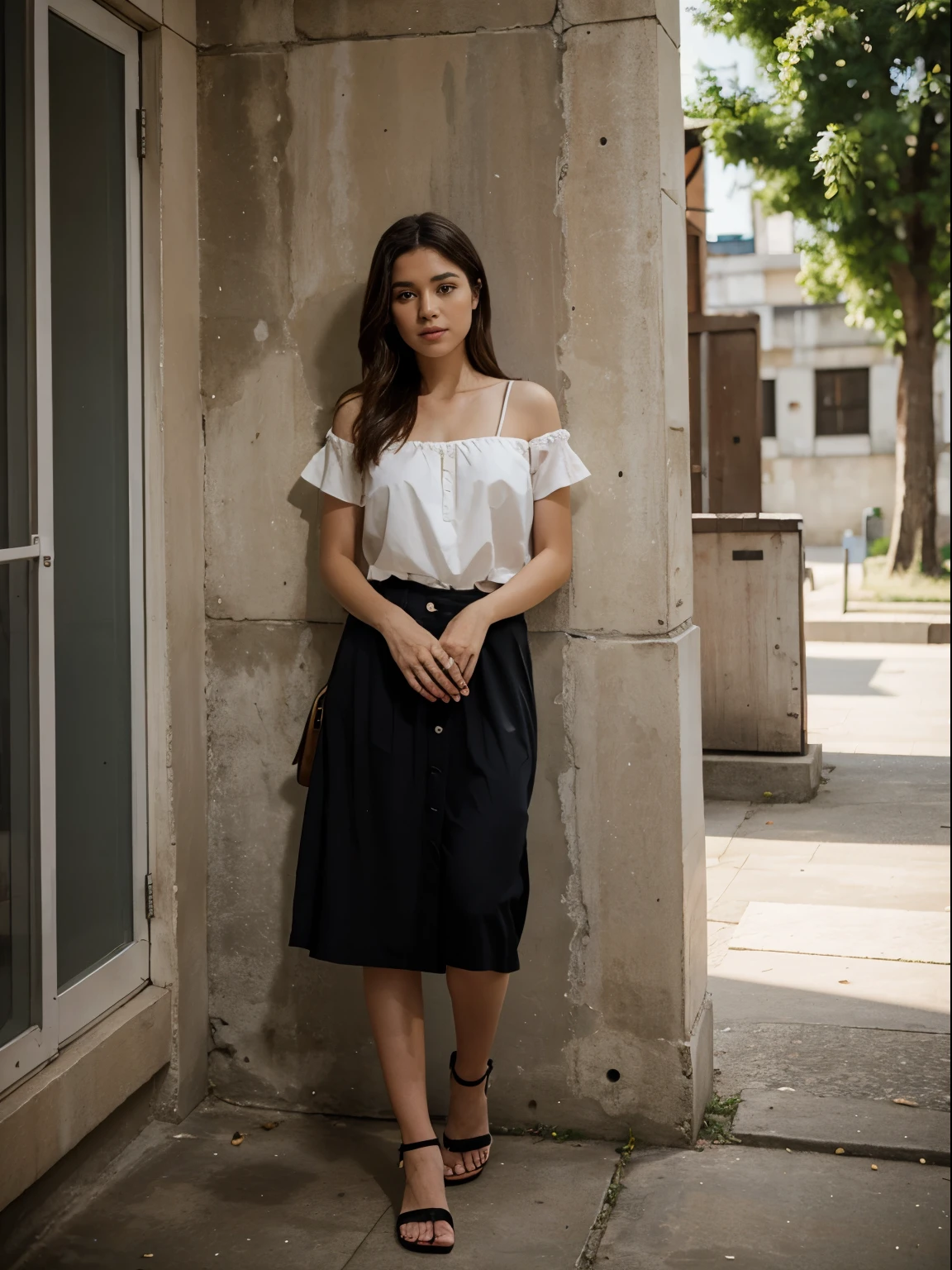 Photo d&#39;une femme brune de 20 ans, qui a un visage très naturel,  thin lips, yeux fins, sourcils fins, nez fin, des boucles d&#39;oreilles, long cils. Elle est assise sur un canapé en cuir ????, she has black leggings and a black bra