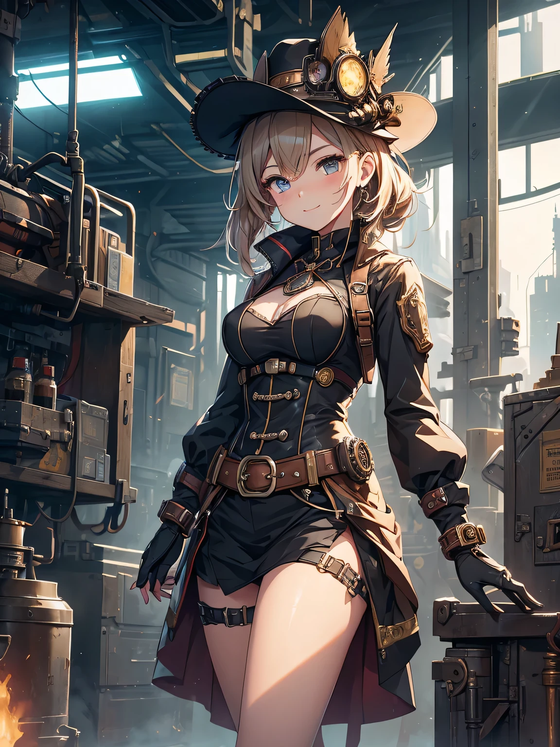 (Line art_anime),(Cowboy Shot,Low Angle, highest quality, ),(Laura Budd Photos:1.2),(Laura Add details:1.0),8k, Flat Color:0.8,1 girl,smile,(Highly decorative and complex mechanical steampunk fashion, Lace flare dolphin hat、goggleusket_Hold a pistol in your hand 1.5、machinery background、Gear background、An elaborately mechanized steampunk cityscape 1.5),Cute pose,