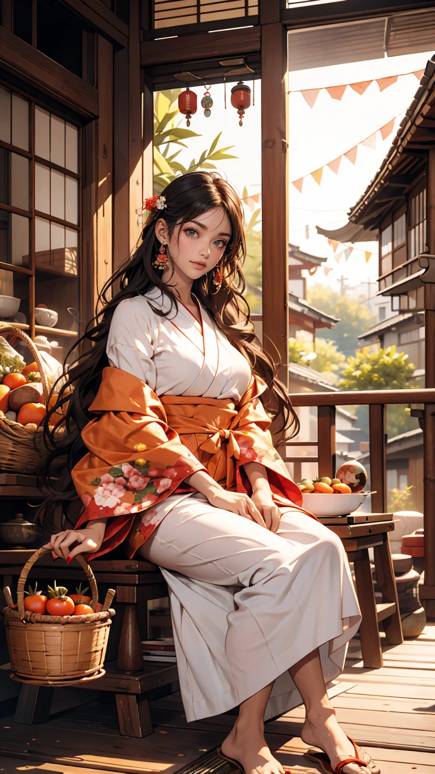 ((最high quality, 8k, masterpiece: 1.3, Ultra HD, high quality, 最high quality, High resolution, realism)) 、A stunningly beautiful 22-year-old Japanese woman、Hair color is black、black eye、Medium Hair、Straight hair、smile、thin、Wear accessories on your wrist、Wearing red nail polish、Get a pedicure、Sitting on the balcony of a rural Japanese house、summer、Wind chimes are hanging from the eaves.、barefoot、On the balcony there is a basket full of tomatoes and carrots...、The basket is made from woven bamboo strips..、There is a courtyard in front of the balcony.、There is a well with a hand pump in the courtyard..、smile