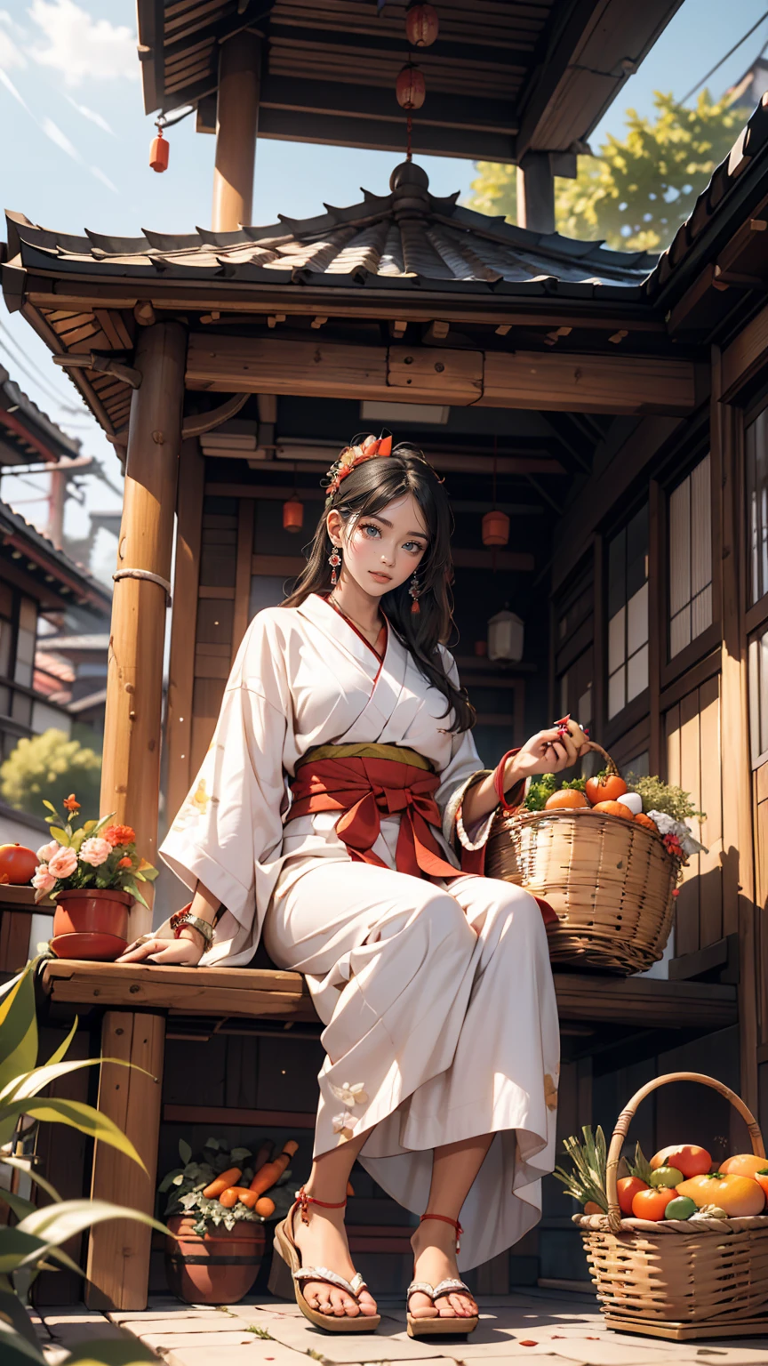 ((最high quality, 8k, masterpiece: 1.3, Ultra HD, high quality, 最high quality, High resolution, realism)) 、A stunningly beautiful 22-year-old Japanese woman、Hair color is black、black eye、Medium Hair、Straight hair、smile、thin、Wear accessories on your wrist、Wearing red nail polish、Get a pedicure、Sitting on the balcony of a rural Japanese house、summer、Wind chimes are hanging from the eaves.、barefoot、On the balcony there is a basket full of tomatoes and carrots...、The basket is made from woven bamboo strips..、There is a courtyard in front of the balcony.、There is a well with a hand pump in the courtyard..、smile