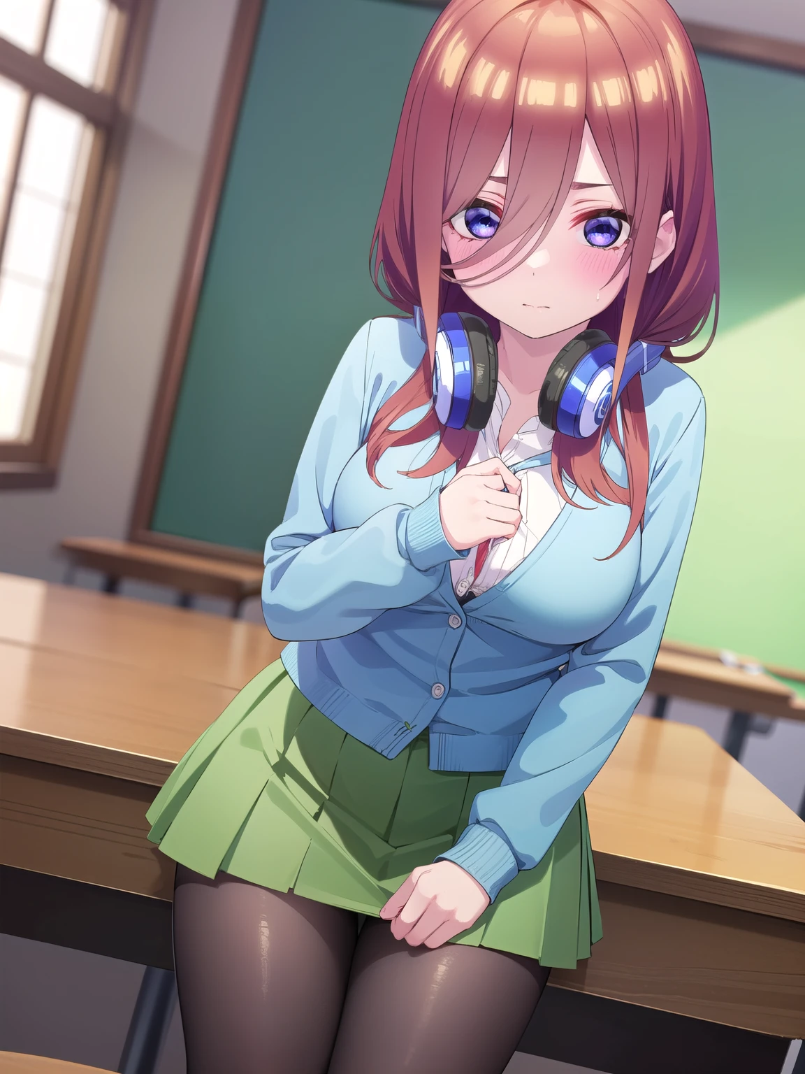 Mikunakano, Miku Nakano, Long Hair, bangs, blue eyes, Brown Hair, shirt, Hair between the eyes, Headphones, cardigan, Headphones around neck, break skirt, shirt, Long sleeve, white shirt, pantyhose, Pleated skirt, black pantyhose, cardigan, Green Skirt, blue cardigan, break indoors, classroom, break looking at viewer, break (masterpiece:1.2), highest quality, High resolution, unity 8k wallpaper, (figure:0.8), (Beautiful fine details:1.6), Highly detailed face, Perfect lighting, Highly detailed CG, (Perfect hands, Perfect Anatomy),sexyポーズ、blush、View your viewers、cute、Her chest is E cup、sexy、Erotic、sexy、sex appeal、Eroticチック、Push your breasts together。Thighs、Big Tits、Oily skin、valley、胸のvalley、Seduce your audience、Watching the audience