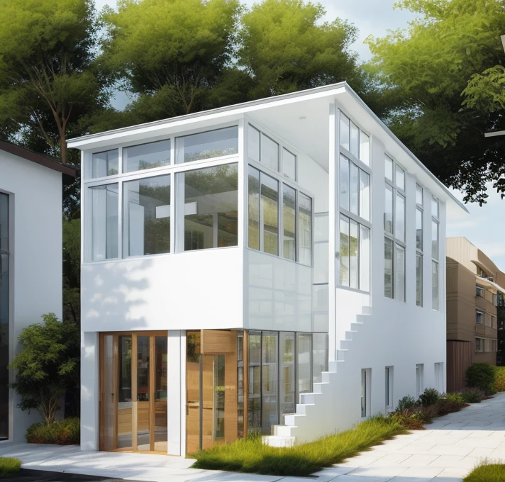 exterior church, contemporary style, white wall, wood wall, wood door, glass window, (realistic:1.2), Masterpiece, high quality, best quality, authentic, super detail, outdoors,road,pavement, grass, trees, sky, cloud, (daylight:1.1), cross at the top
