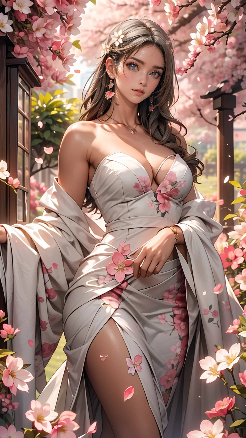 (Girl:1.5),race,ribbon,(masterpiece, Side light, Beautiful detailed grey eyes: 1.2), Mid-chest, Realistic, Glowing Eyes,Shiny Hair,Black Hair,Long, long hair, Shiny skin, alone, Embarrassing,Strapless,Exquisite,beautifully,garden,Flowers,Fluttering petals, barefoot, Cherry Blossom, Cinematic Light, Structure of the film, Rich Expressions