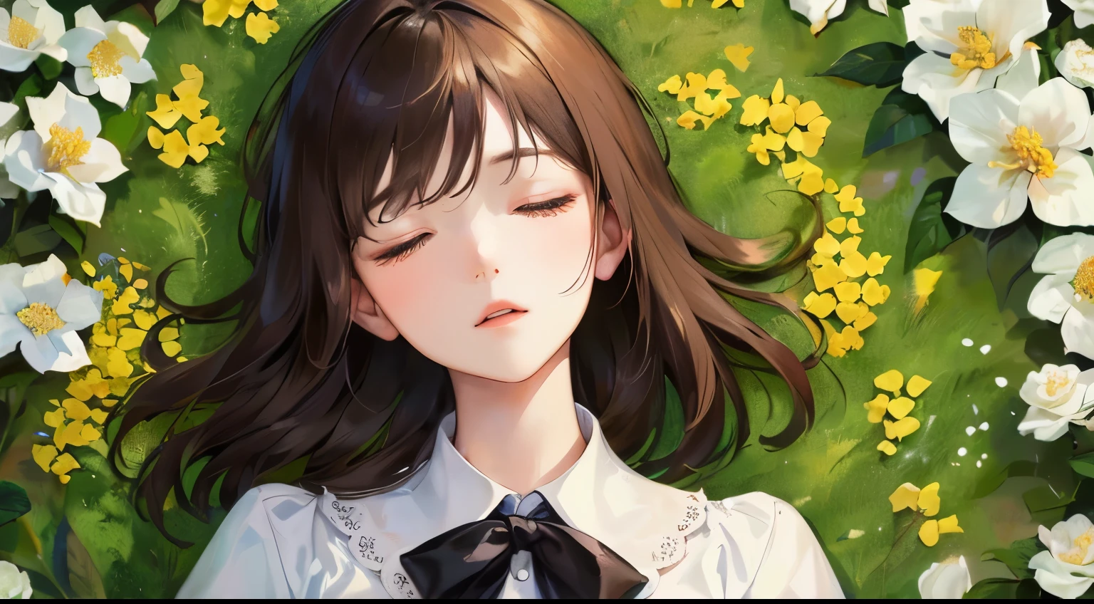 (((Background of lots of jasmine flowers)))、(((1 personの少女)))、((1 person)),Masterpiece,best quality, ((sleeping face))), ,((White blouse))、((Are sleeping))、determined expression, Upper body diagram、 (Highest Resolution、Clear_image)、Best Quality、Light and shadow contrast、((illumination))、Very detailed、Semi-realistic、Short Hairstyle、Brown Hair、bangs、19 years old、 Lady,,young、((View from top))、Delicate Facial Features