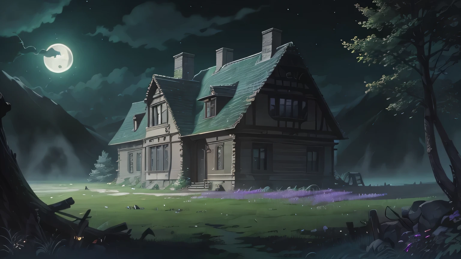 Large double storey mansion in a forest clearing, surrounded by trees, night time, gibbous moon, night, dark setting, low angle, imposing, scary, abandoned, in ruin, wooden structure, thorn bushes, porch with wooden pillars, ethereal light, frontal viewpoint, long shadows.