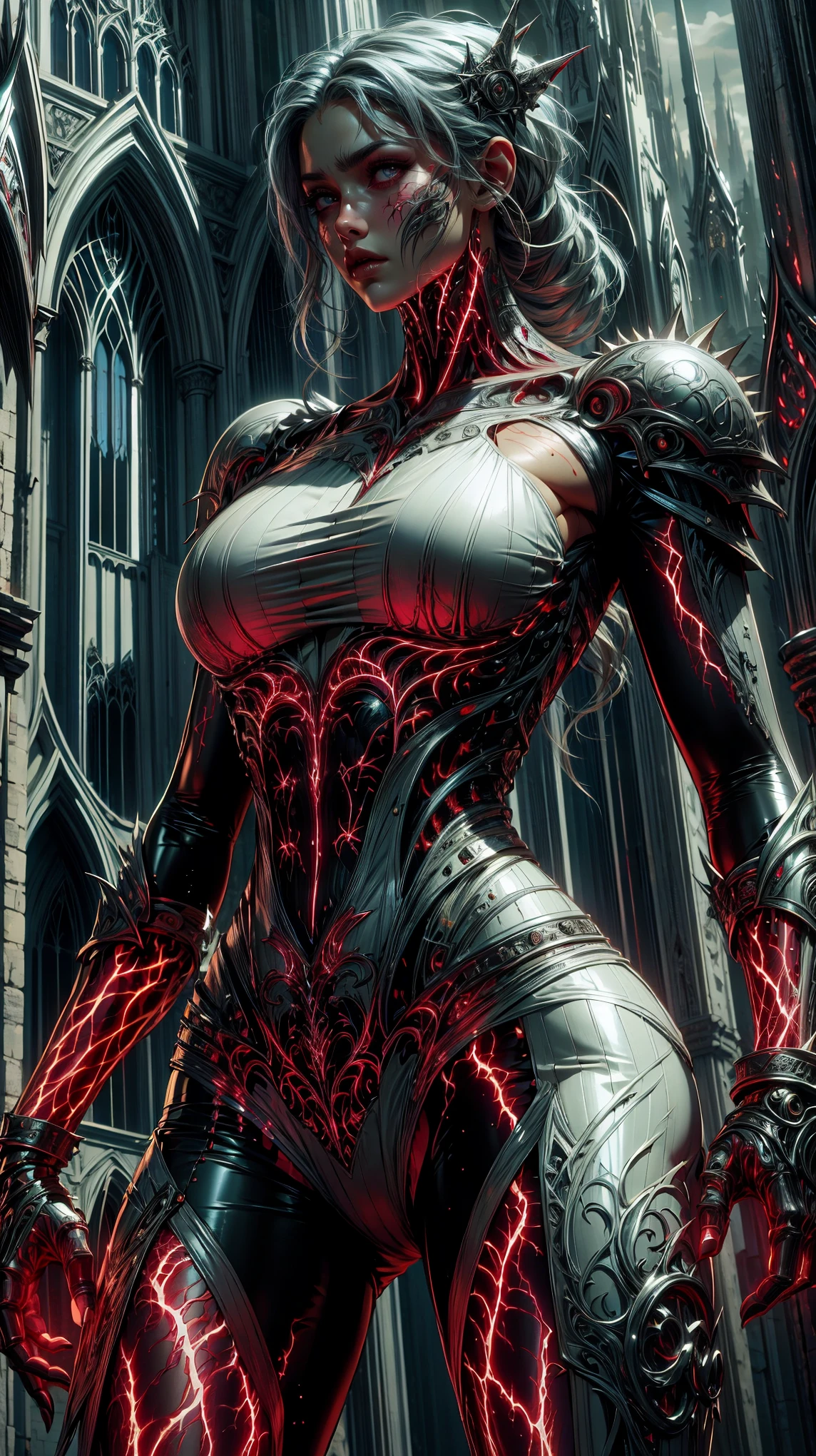 A strikingly unique vampire, with huge muscular arms and a body covered in veins, stands tall in her vampiric body armor, ready to defend her kingdom.