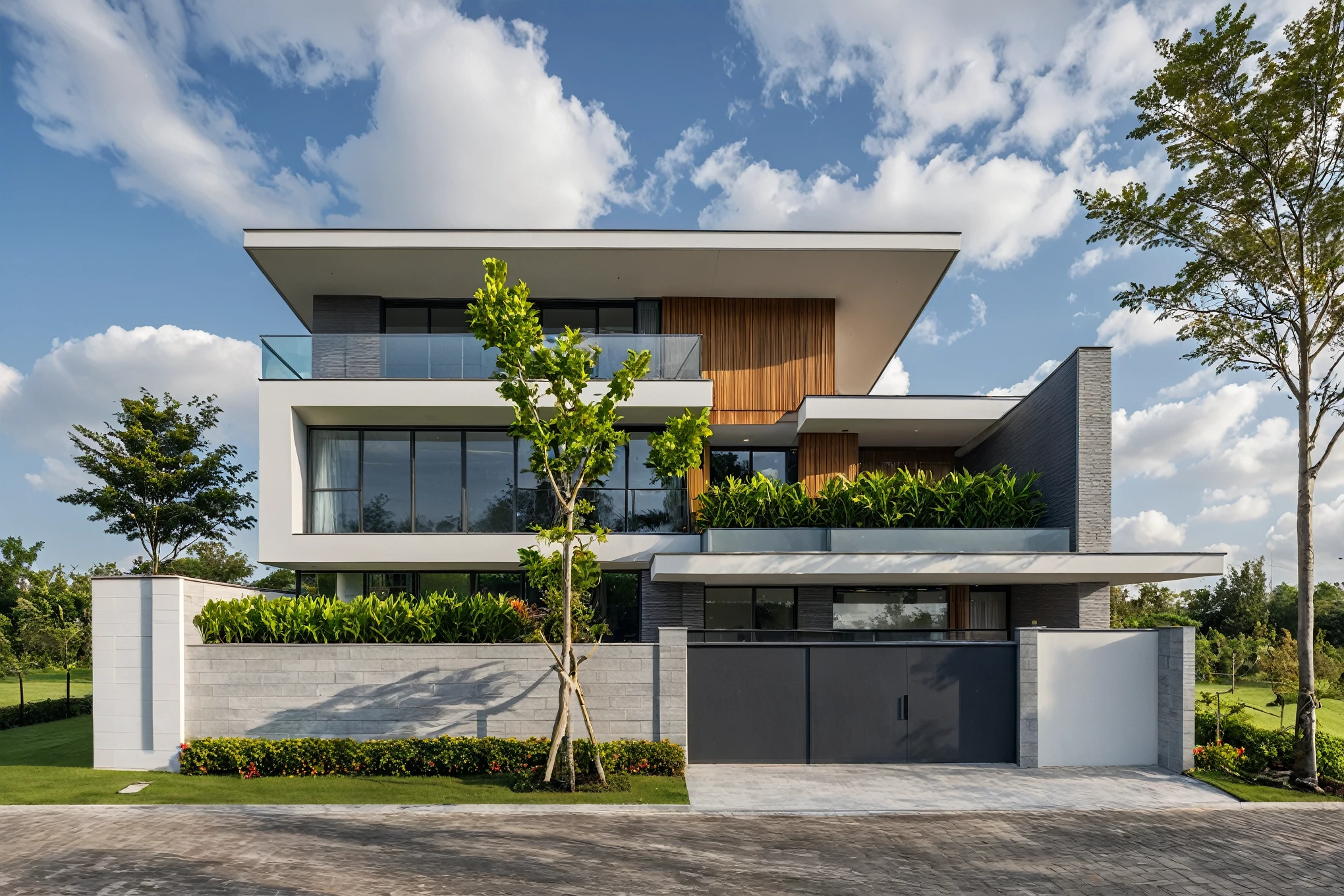Masterpiece, high quality, best quality, authentic, super detail, outdoors, onestoreyvillaXL, aiaigroup, house style modern on the street ,stairs, white wall ,road,pavement, grass, trees, sky, cloud, (daylight:1.1)
