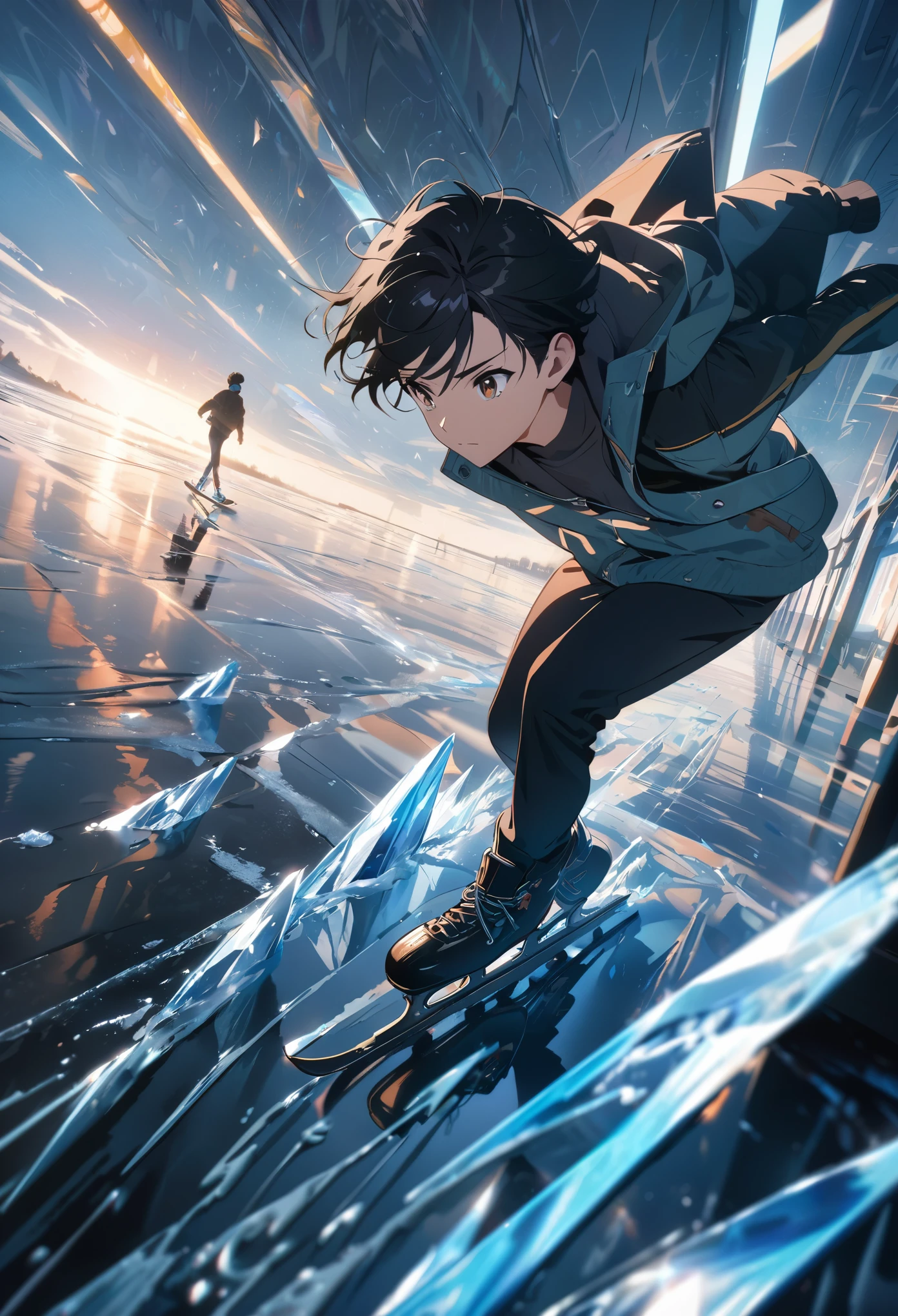ice skater at daylight, anime boy with short black hair and brown eyes, wearing a jacket and ice skates, gliding on ice, abstract, masterpiece, best quality, cinematic lighting, reflection, ice, wallpaper, very detailed, illustration