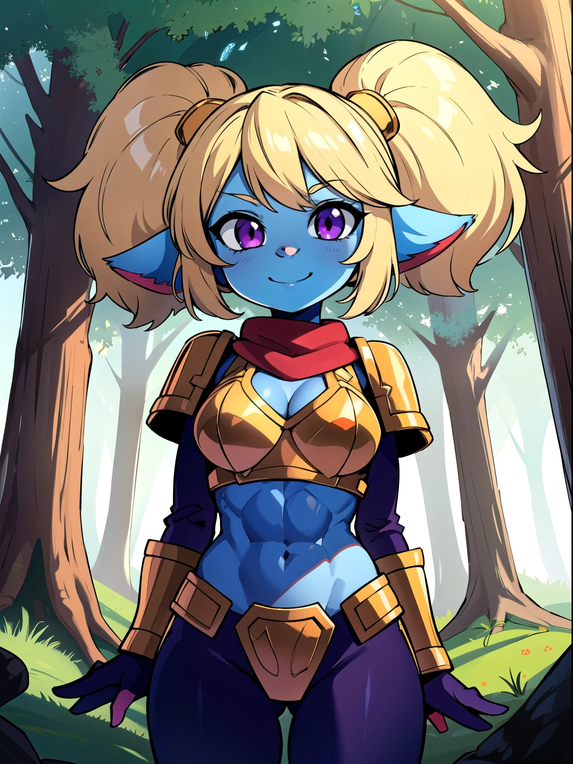 poppy, twintails,blue skin,furry,fluffy ears,yordle,shortstack,1girl,blonde hair,standing up,purple eyes,arms wide,hands,breasts,(armor),forest,sunlight,bush,abs,smile,hand on tree