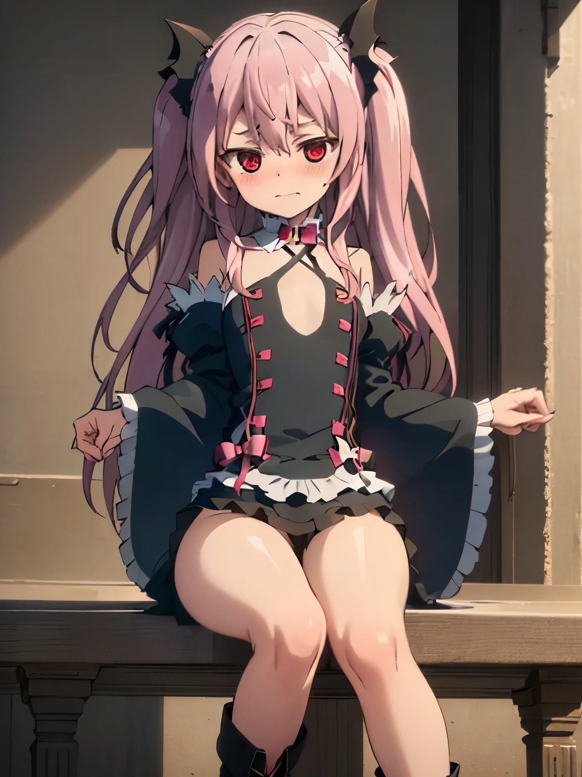 NSFW,Krul Tepes、Red eyes、Flat Chest、Long Hair、Pink Hair、Two Side Up、hair ornaments、boots、Black Dress、Bare shoulders、Wide sleeves、ribbon,(Perfect hands),(Perfect Anatomy),(masterpiece),(highest quality),Embarrassed,blush,(Skirt Lift:1.5),High-quality lingerie,Sitting,(Leg spread:1.5)