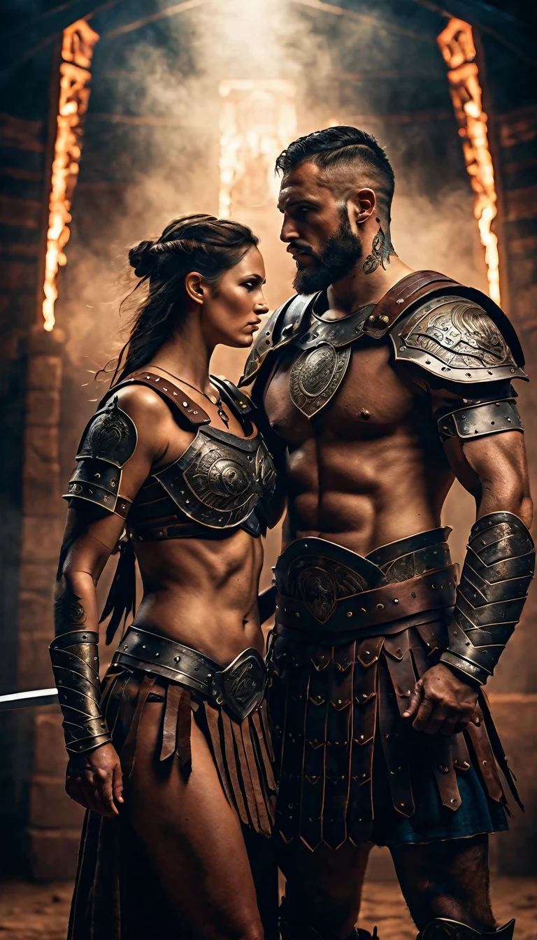 a realistic photo of an ancient gladiator couple, fantasy, dramatic lighting, detailed armor, intricate tattoos, intense expressions, chiaroscuro, cinematic composition, dramatic fog, moody colors, volumetric lighting, ancient arena background, (best quality,8k,highres,masterpiece:1.2),ultra-detailed,(realistic,photorealistic,photo-realistic:1.37)