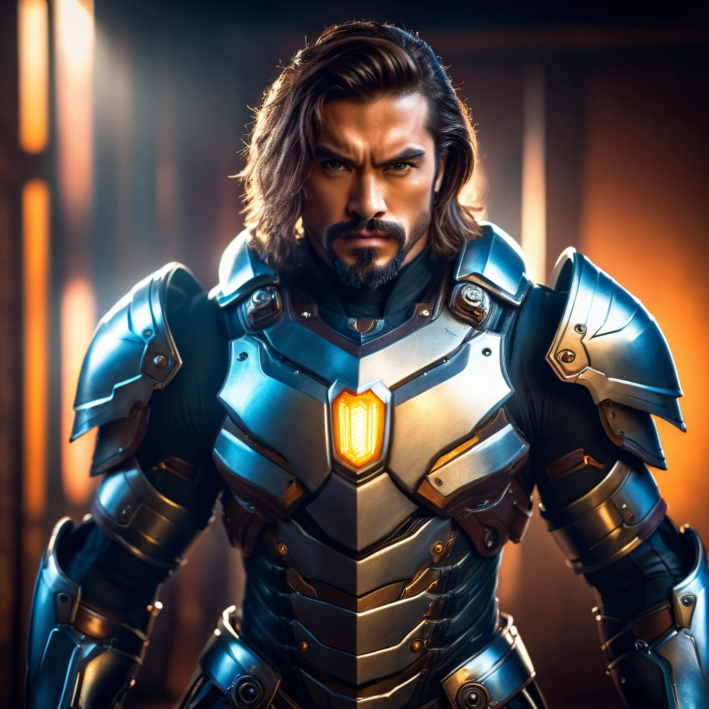 (A muscular man:vivid colors,realistic, ((masterpiece)), ((best quality)), (detailed), cinematic, dynamic lighting, soft shadow, detailed background, professional photography, depth of field, intricate, detailed face, subsurface scattering, realistic hair, realistic eyes, muscular, manly, photo of a handsome man, mech4rmor, wearing mechanical paladin armor, glowing, holding shield, dynamic pose, fighting stance,