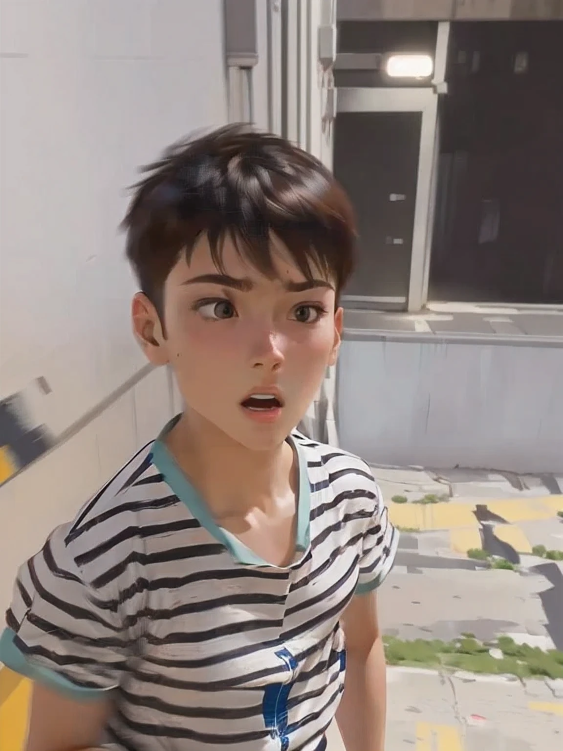 Close-up images of 2 subjects, 1. Auburn-haired boy, Wearing a long-sleeved white dress with a hood, (Running towards the camera), (The woman looked scared), frightened, Escape, Escape from men in armor, Caught by a man, In a dirty city alley, futuristic city (night:1.4), Blue and neon lights, Chase scene, Action scenes, Thick outline, Comic Style, Dynamic camera angles, Realistic skin, Realistic hands, Perfect hands, Line of action, motion blur background