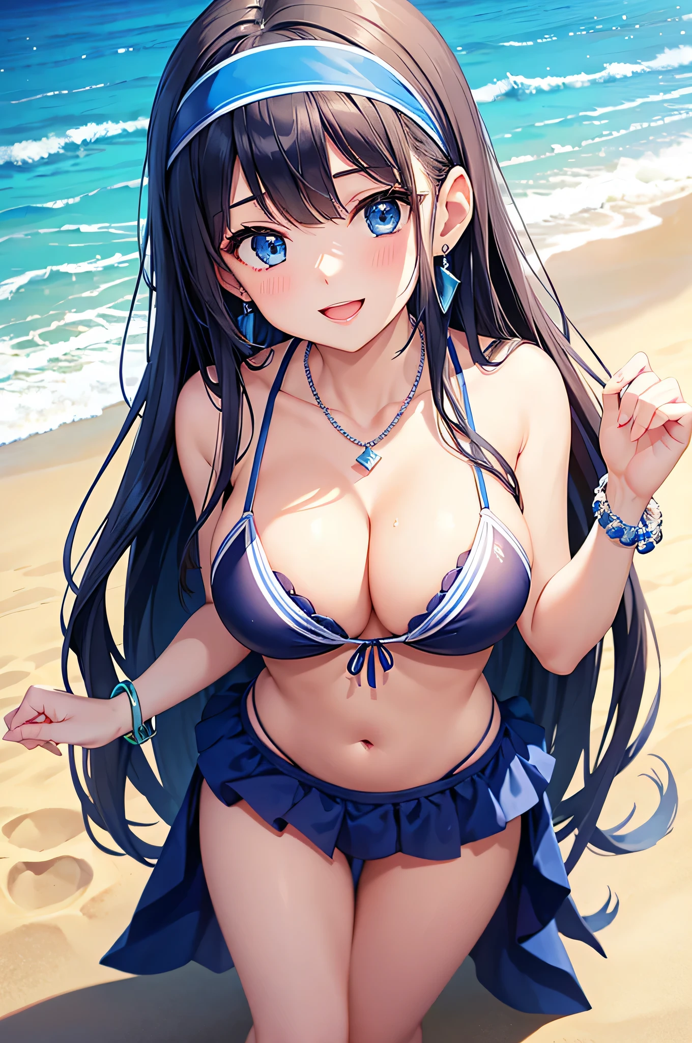 highest quality、highest quality、masterpiece、beautiful girl、Navy blue long hair、blue eyes、Navy Blue Bikini、Big cleavage、(Big Breasts),smile、blue necklace、Blue Earrings、background(Beach)、Dynamic pose、Please open your mouth wide、White headband、bracelet、angle(From above)