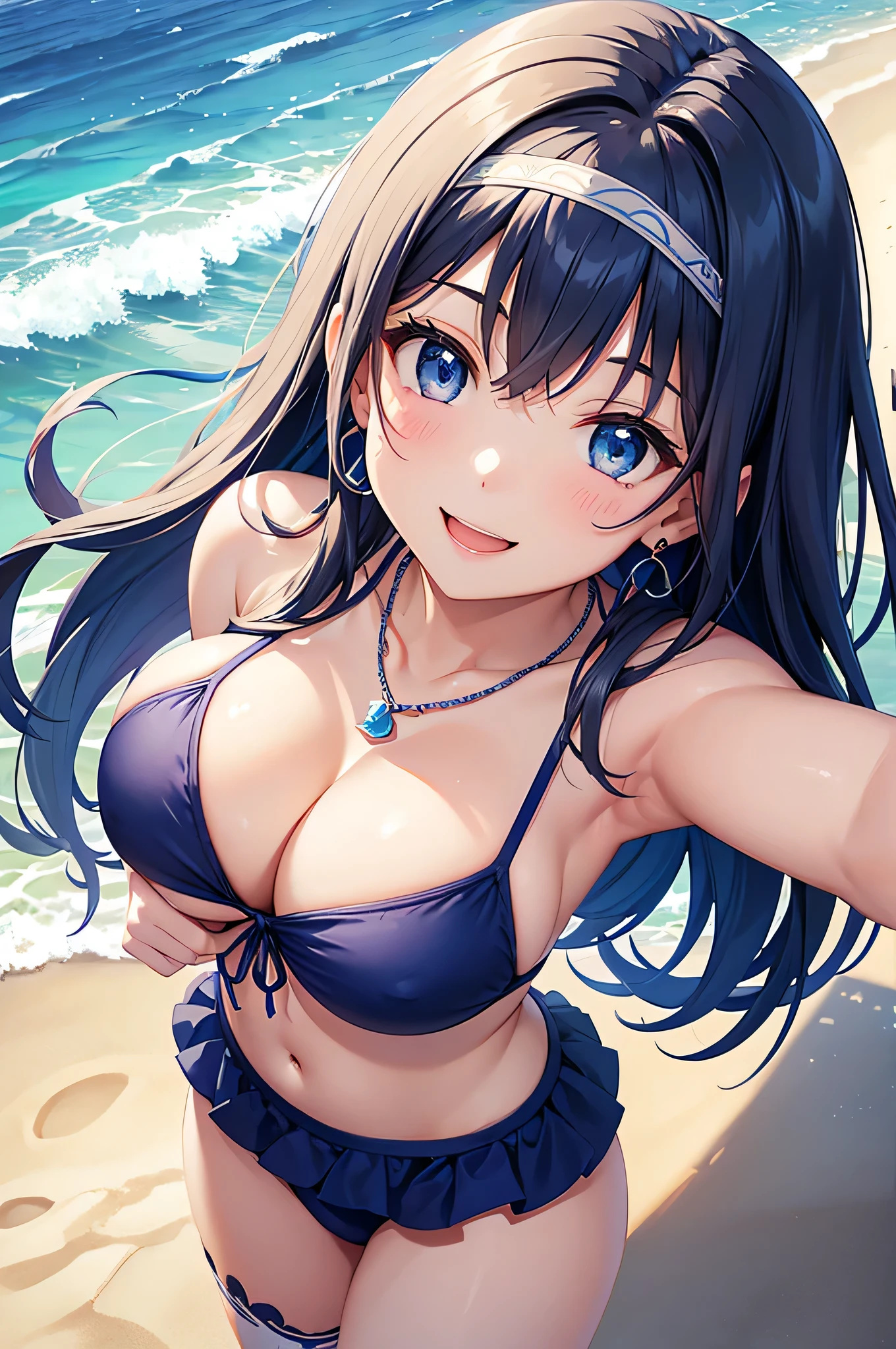 highest quality、highest quality、masterpiece、beautiful girl、Navy blue long hair、blue eyes、Navy Blue Bikini、Big cleavage、(Big Breasts),smile、blue necklace、Blue Earrings、background(Beach)、Dynamic pose、Please open your mouth wide、White headband、bracelet、angle(From above)