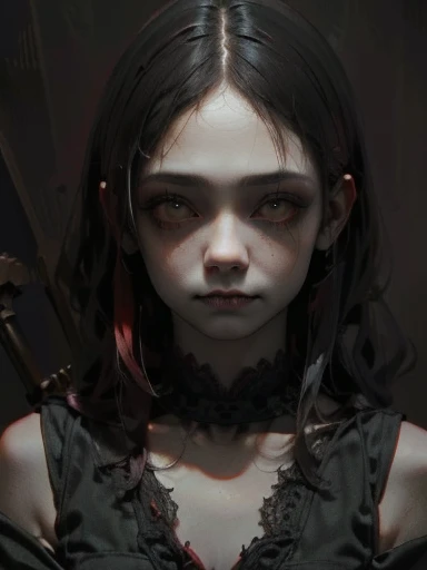 a gothic clown girl, detailed face, beautiful eyes, long eyelashes, pale skin, dark makeup, black and red dress, puffed sleeves, ruffles, lace, holding a black rose, eerie, unsettling, moody lighting, dark cinematic atmosphere, muted color palette, (best quality,4k,8k,highres,masterpiece:1.2),ultra-detailed,(realistic,photorealistic,photo-realistic:1.37)