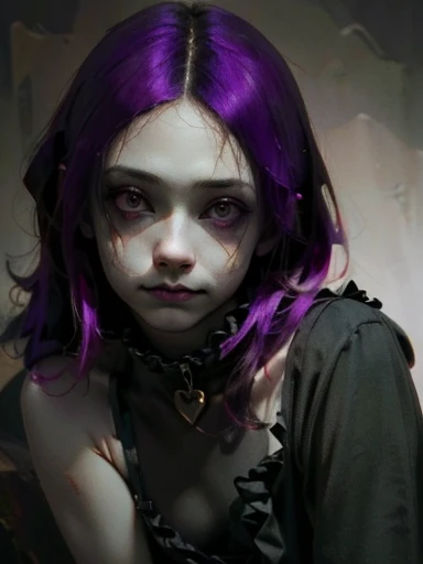 a gothic creepy horror clown girl, detailed face, porcelain skin, dark makeup, purple hair, black and white striped stockings, ruffle collar, grungy dark circus atmosphere, (best quality,4k,8k,highres,masterpiece:1.2),ultra-detailed,(realistic,photorealistic,photo-realistic:1.37),chiaroscuro lighting,moody colors,surreal,dark fantasy,cinematic