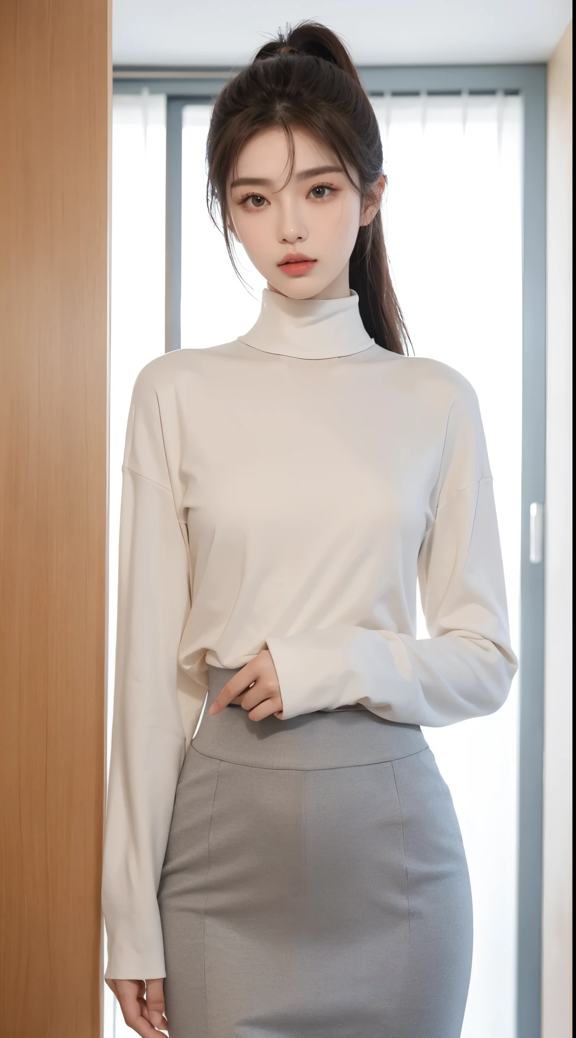 1 person only, 8K RAW photos, 22-year-old Korean model ,167cm, slim body , perfect breasts ,fair skin, soft body, masterpiece turtleneck shirt, eyes beautiful in detail, eyelashes, beautiful double eyelids, eye shadow, slit eyes, ong ponytail hair reaches waist level
