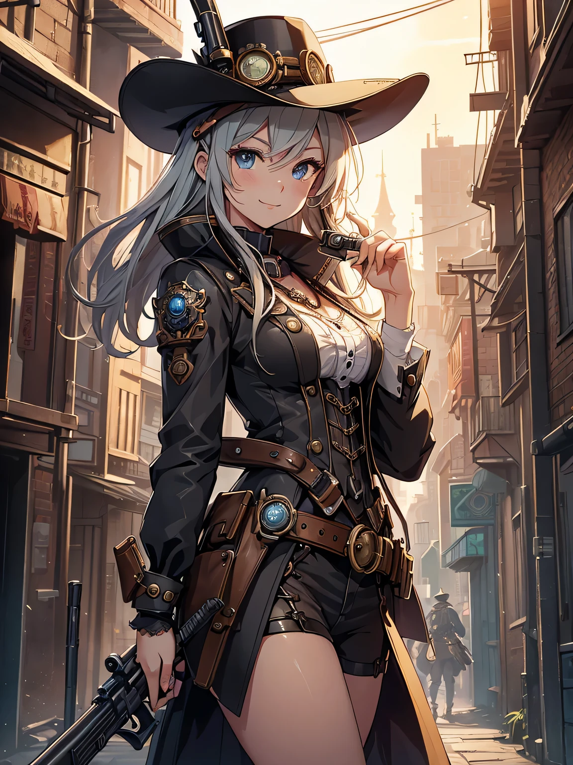 (Line art_anime),(Cowboy Shot,Low Angle, highest quality, ),(Laura Budd Photos:1.2),(Laura Add details:1.0),8k, Flat Color:0.8,1 girl,smile,(Highly decorative and complex mechanical steampunk fashion, Lace flare dolphin hat、goggles、((Holding a musket gun in hand 1.5))、machinery background、Gear background、An elaborately mechanized steampunk cityscape 1.5),Cute pose,