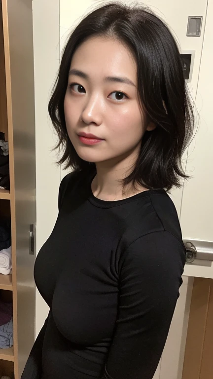 highest quality,masterpiece,Ultra-high resolution,(Realistic:1.4),Beautiful lighting, (Highly detailed CG Unity 8k wallpaper), Beautiful face in every detail,Detailed clothing, 50mm portrait photography, No background、One Girl,Big black eyes, cute, young, stop temporarily, Facial Lighting, Physically Based Rendering,Written boundary depth , Black Hair, short hair, ((Take from above)), Japanese women、20-year-old、whiteTshirt、(Big Breasts)、(Upper Body)、Young and beautiful woman taking a selfie, Taken with iPhone camera、white壁の前で
