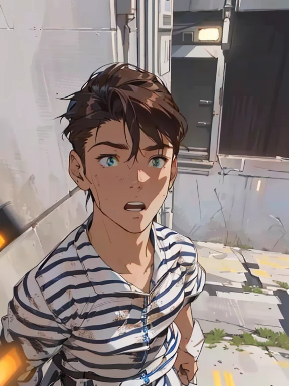 Close-up images of 2 subjects, 1. Auburn-haired boy, Wearing a long-sleeved white dress with a hood, (Running towards the camera), (The woman looked scared), frightened, Escape, Escape from men in armor, Caught by a man, In a dirty city alley, futuristic city (night:1.4), Blue and neon lights, Chase scene, Action scenes, Thick outline, Comic Style, Dynamic camera angles, Realistic skin, Realistic hands, Perfect hands, Line of action, motion blur background