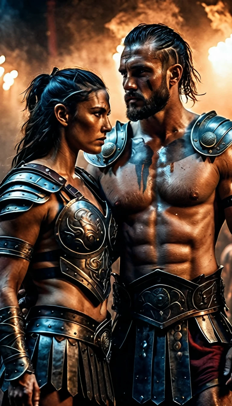 a realistic photo of an ancient gladiator couple, fantasy, dramatic lighting, detailed armor, intricate tattoos, intense expressions, chiaroscuro, cinematic composition, dramatic fog, moody colors, volumetric lighting, ancient arena background, (best quality,8k,highres,masterpiece:1.2),ultra-detailed,(realistic,photorealistic,photo-realistic:1.37), Cinematic Hollywood Film style