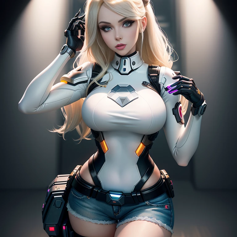 blond woman in a black and white shirt and denim shorts, better known as amouranth, amouranth, young beautiful amouranth, amouranth as a super villain, as overwatch character, beutiful white girl cyborg, blonde goddess, spider gwen, perfect white haired girl, perfect android girl, lola bunny fanart, ashe from overwatch, as an overwatch character