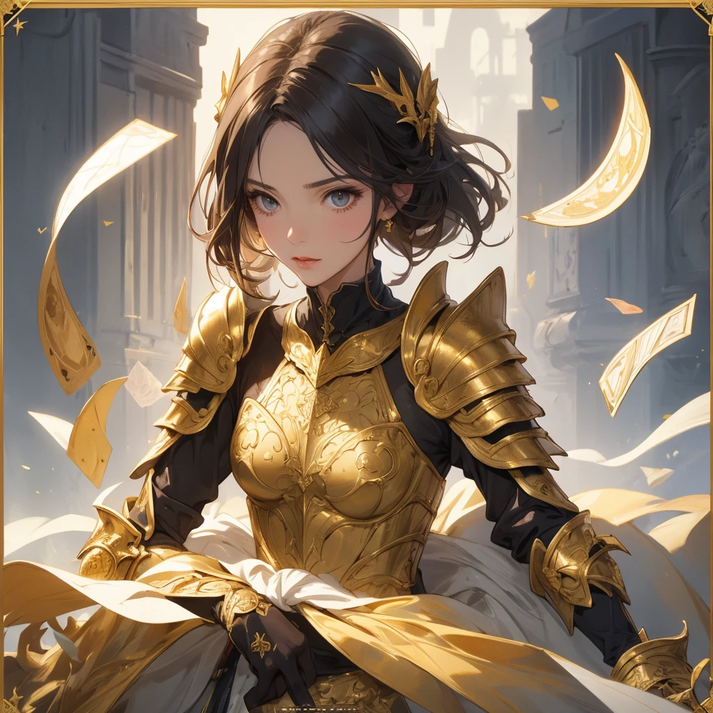 (masterpiece, best quality) beautiful woman, golden intricate armor, ornated armor, card game border and description