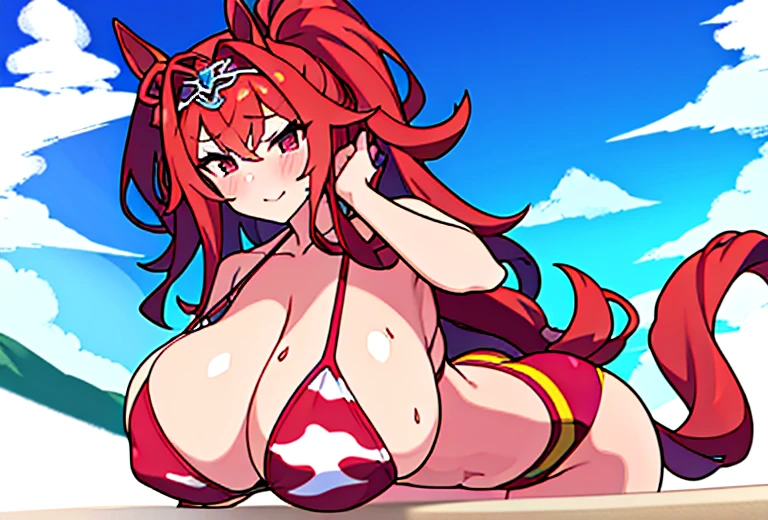 a sexy anime girl in bikini with huge  posing and wetting her hair, One girl, Animal print, Daiwa Scarlet (umamusume), Browsing Caution,Cow pattern, alone, tail, 布を通したBreast milk, chest, Animal ears, Swimwear, Long Hair, Brown Hair, Horse Girl, horse tail, Horse&#39;s ears, bikini, twintails, tiara, belly button, Hair Intake, Knee socks, blush, Bell, Breastfeeding, very Long Hair, Red eyes, Underarm, large chest, White Background, View Viewer, side-tie bikini bottom, Breast milk, Simple Background, Put your arms behind your head, gloves,Daiwa Scarlet