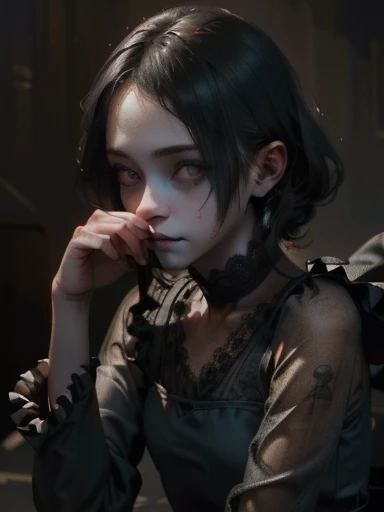 a gothic clown girl, detailed face, beautiful eyes, long eyelashes, pale skin, dark makeup, black and red dress, puffed sleeves, ruffles, lace, holding a black rose, eerie, unsettling, moody lighting, dark cinematic atmosphere, muted color palette, (best quality,4k,8k,highres,masterpiece:1.2),ultra-detailed,(realistic,photorealistic,photo-realistic:1.37),fullbody