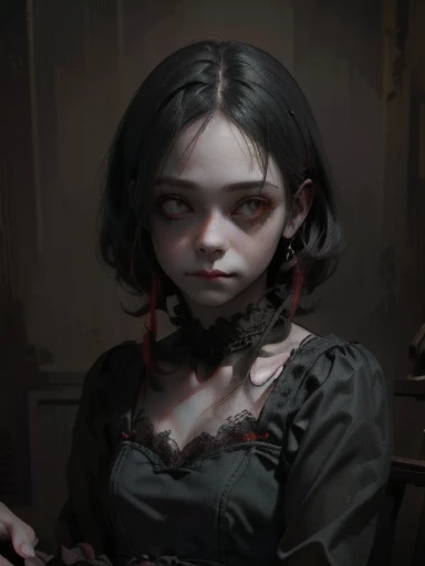 a gothic clown girl, detailed face, beautiful eyes, long eyelashes, pale skin, dark makeup, black and red dress, puffed sleeves, ruffles, lace, holding a black rose, eerie, unsettling, moody lighting, dark cinematic atmosphere, muted color palette, (best quality,4k,8k,highres,masterpiece:1.2),ultra-detailed,(realistic,photorealistic,photo-realistic:1.37),fullbody