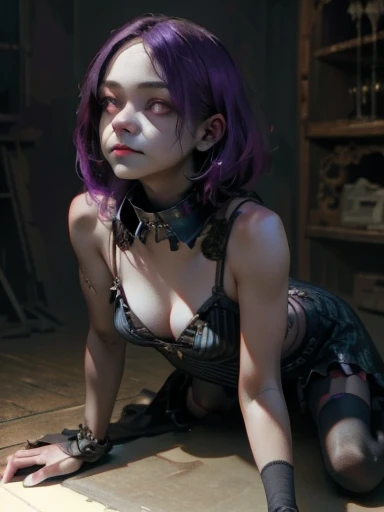 a gothic creepy horror clown girl, detailed face, porcelain skin, dark makeup, purple hair, black and white striped stockings, ruffle collar, grungy dark circus atmosphere, (best quality,4k,8k,highres,masterpiece:1.2),ultra-detailed,(realistic,photorealistic,photo-realistic:1.37),chiaroscuro lighting,moody colors,surreal,dark fantasy,cinematic,fullbody