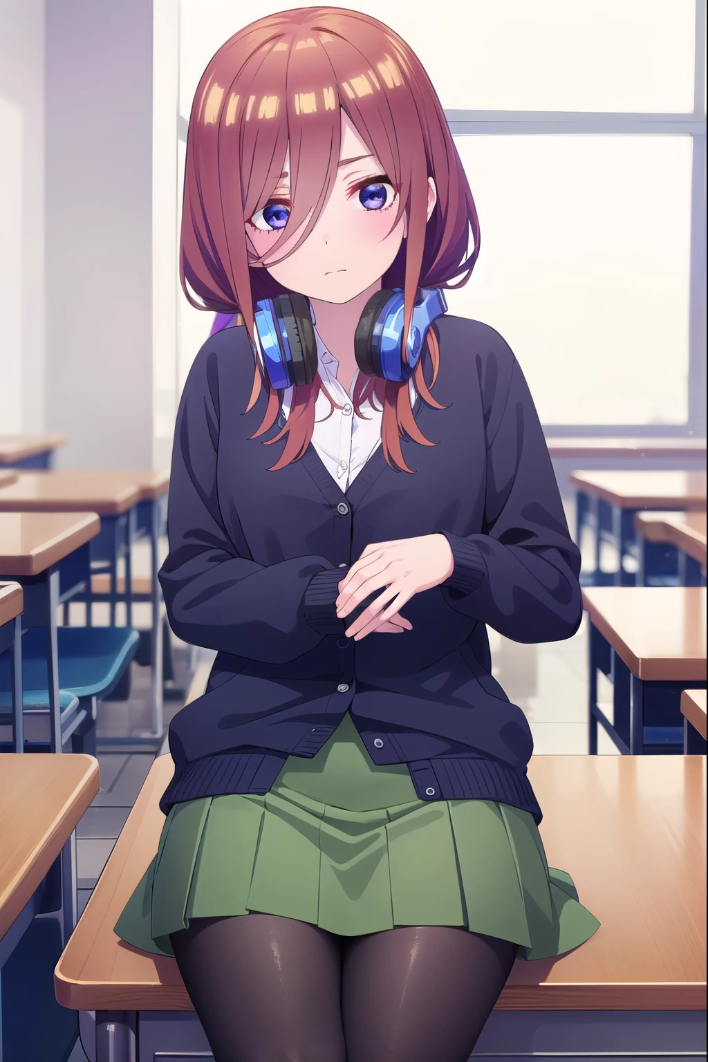 Mikunakano, Miku Nakano, Long Hair, bangs, blue eyes, Brown Hair, shirt, Hair between the eyes, Headphones, cardigan, Headphones around neck,
break skirt, shirt, Long sleeve, white shirt, pantyhose, Pleated skirt, black pantyhose, cardigan, Green Skirt, blue cardigan,
break indoors, classroom,
break looking at viewer,
break (masterpiece:1.2), highest quality, High resolution, unity 8k wallpaper, (figure:0.8), (Beautiful fine details:1.6), Highly detailed face, Perfect lighting, Highly detailed CG, (Perfect hands, Perfect Anatomy),