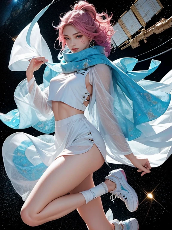 highest quality, Very detailed, masterpiece, 1 person,woman,(((完璧なwomanの体))),Very beautiful face, Very beautiful body,Gentle expression, Very beautiful eyes,(Perfect Makeup:1.1),Fashion Model,Cyberpunk Fashion,Curly Hair,Shaggy Hair,pink and blue hair:1.3, very thin body,Smart Abs,Monogram pattern,Gradation,Fractal Art Silk Suit,Two-tone high-top sneakers,A kind smile,Full body portrait,(Space Station Background), (Shiny skin),(Earrings),Seesul,Long scarf with elegant pattern,Extra long shawl,Haori,