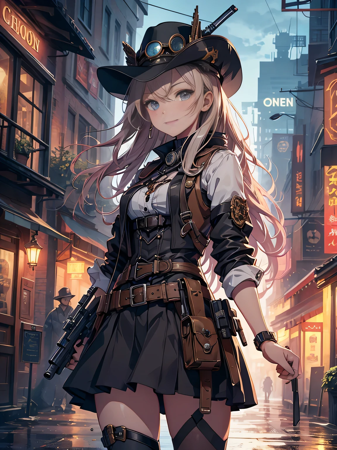 (Line art_anime),(Cowboy Shot,Low Angle, highest quality, ),(Laura Budd Photos:1.2),(Laura Add details:1.0),8k, Flat Color:0.8,1 girl,smile,(Highly decorative and complex mechanical steampunk fashion, Lace flare dolphin hat、goggles、((Holding a musket gun in hand 1.5))、machinery background、Gear background、An elaborately mechanized steampunk cityscape 1.5),Cute pose,