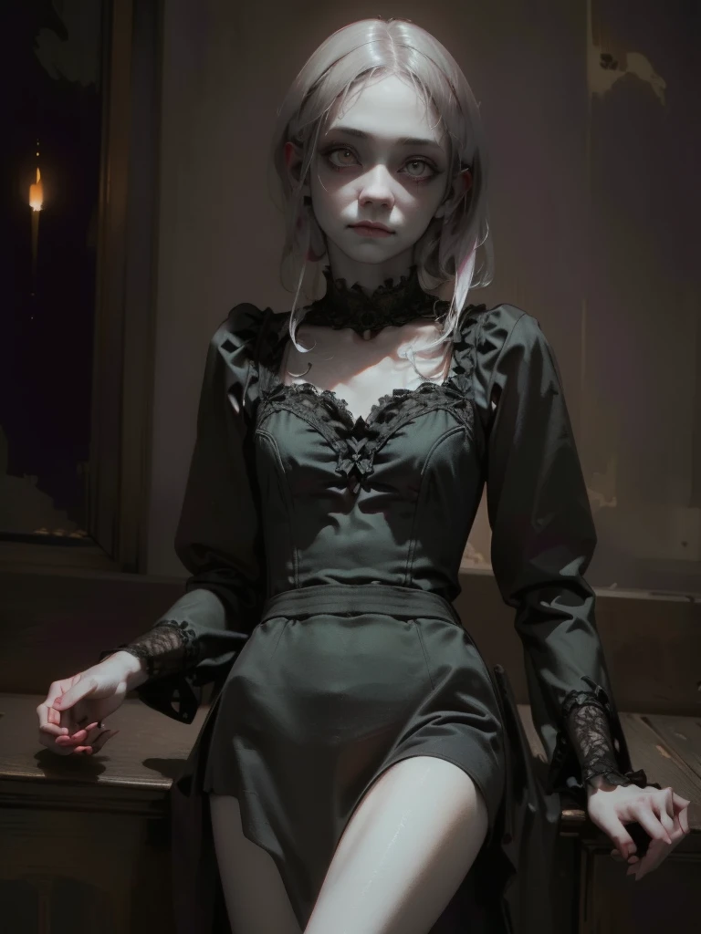 a gothic clown girl, detailed face, beautiful eyes, long eyelashes, pale skin, dark makeup, black and red dress, puffed sleeves, ruffles, lace, holding a black rose, eerie, unsettling, moody lighting, dark cinematic atmosphere, muted color palette, (best quality,4k,8k,highres,masterpiece:1.2),ultra-detailed,(realistic,photorealistic,photo-realistic:1.37),fullbody